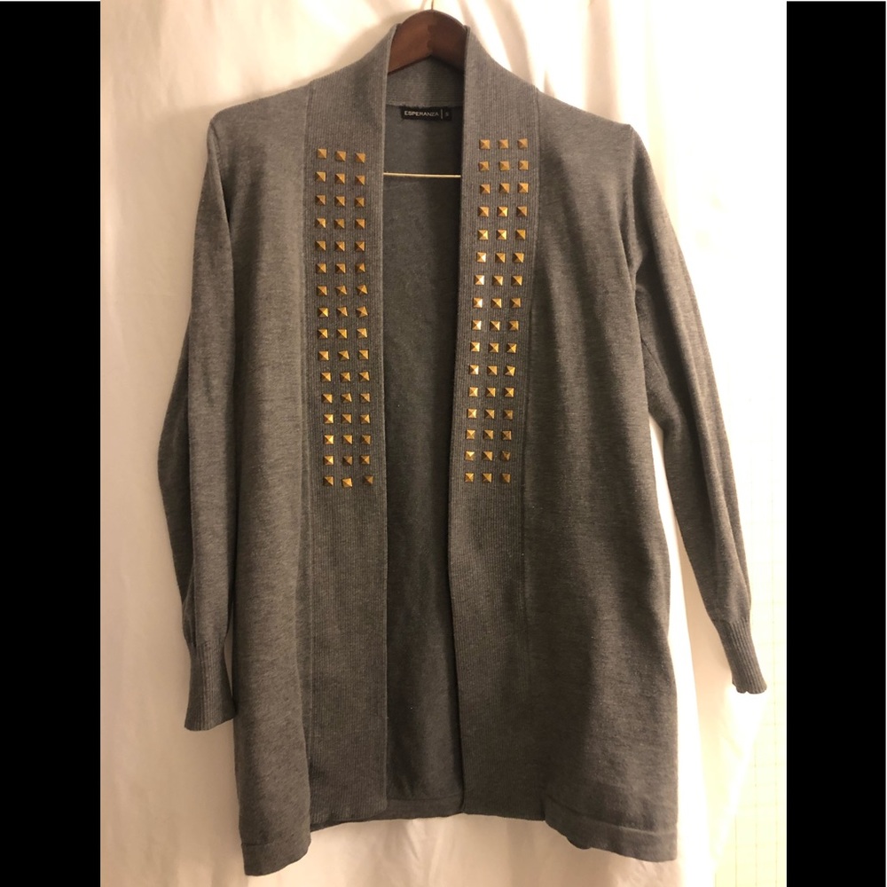 Grey long cardigan with gold detail